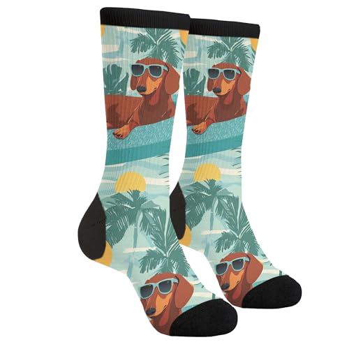 Tropical Dachshund Dogs Funny Novelty Crew Socks Casual Athletic Sport Crazy Dress Sock For Women Men