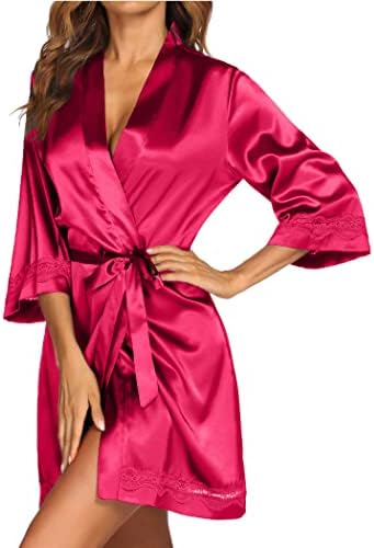 Ekouaer Sexy Robes for Women Satin Bathrobe 3/4 Sleeve Bath Robe Wedding Bride Bridesmaid Kimono Sleepwear Cherry Red