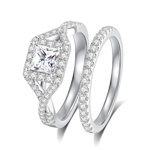Image of Moissanite Wedding Ring Sets D Color VVS1 Moissanite Ring Sets,Moissanite Engagement Ring 18K White Gold Plated 925 Sterling Silver Moissanite Ring