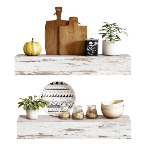 ROOREVO Wall Floating Shelves, Rustic Wood Shelf for Wall Mounted - Wooden Handmade Shelves for Bathroom Kitchen Livingroom(Distressed White, 17 Inch - 2 Pack) Cover