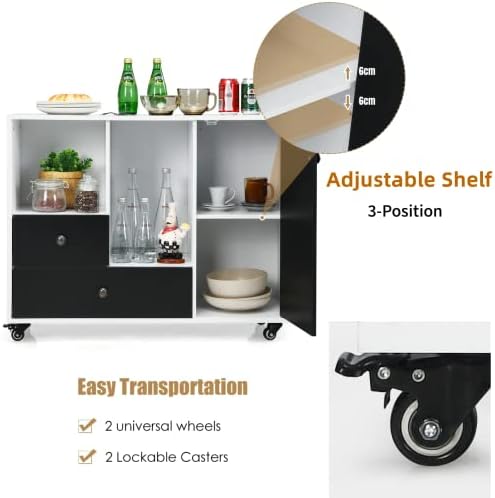 CASART Mobile File Cabinet, Wooden Storage Cupboard with Casters, Rolling Filing Sideboard Unit Storage Cabinet for Home Office (Black+White, 2 Drawers+2 Compartments+1 Door)