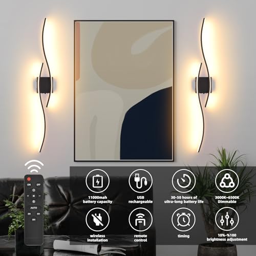 Image of Battery Operated Wall Sconces Set Of Two, 3000K-6500K 39.4 inch black LED dimmable wireless wall sconce with remote control, USB rechargeable wall lights for Living Room Bedroom Hallway Background