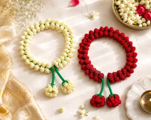 Image of Handmade Crochet Gajra Set of 2 for Women & Girls | Red & Cream Floral Hair Decoration | Traditional Indian Hairstyle Accessory for Navratri Onam Diwali Wedding