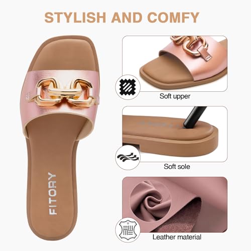Image of FITORY Women's Flat Sandals Fashion Slides With Soft Leather Slippers for Summer Size 6-11