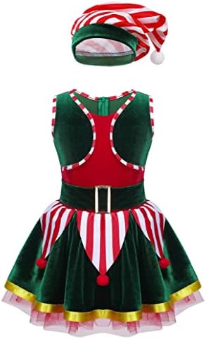 inlzdz Kids Girls Christmas Mrs. Claus Dress Holiday Party Elf Costume Velvet Long Sleeve Clown Collar Pom Pom Trim Dance Dress Red E 6-12 Months