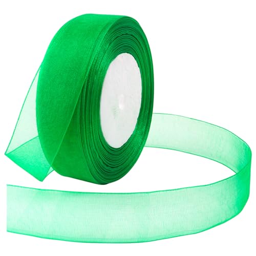 Loomesh Green Ribbon for Gift Wrapping 1 inch Tulle Sheer Organza Ribbon