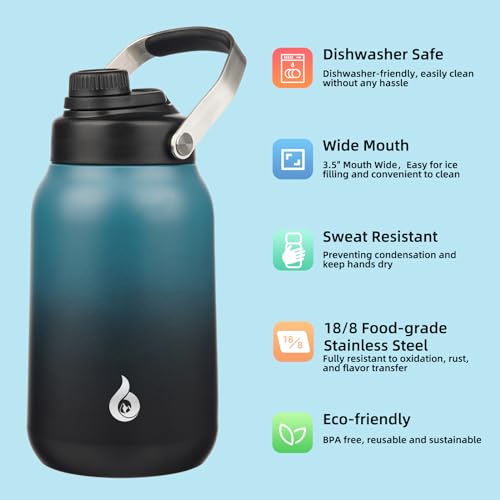 Image of BJPKPK Half Gallon Insulated Water Bottles, 64oz Water Jug with Metal Handle & BPA Free Spout Lid, Dishwasher Safe Flasks, Large Stainless Steel Gym Sport Jugs, Blue Black