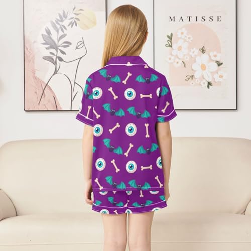 Satin Pajama Sets Short Sleeve Halloween Bats Bones Eyes Pattern Button Down Silky Nightwear 2 Piece PJS 5-14Y4