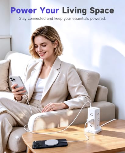 Tower Power Strip with PD 30W Fast-Charging Port, 12 Outlets, 4 USB Ports (2 USB-C), 1800J Surge Protector, Charging Station for Multiple Devices,10FT Extension Cord, White, Home Office Essentials - image 8