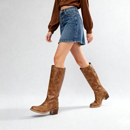 Image of DOEYG Women's Banana Knee High Boots Square Toe Chunky Block Heel Tall Boots Wide Calf Fashion Comfortable Casual Pull on Long Boots