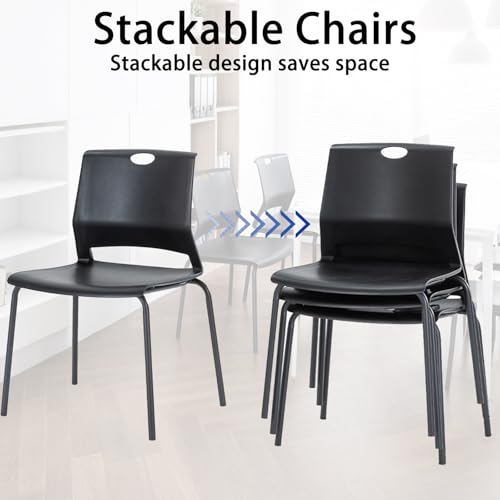 Image of Black Stackable Chairs Set of 4, Modern Office Guest Chair Wide Seat, Stackable Dining Chairs, Plastic Chair for Conference Room, Church,Living Room, Waiting Room, Classroom.