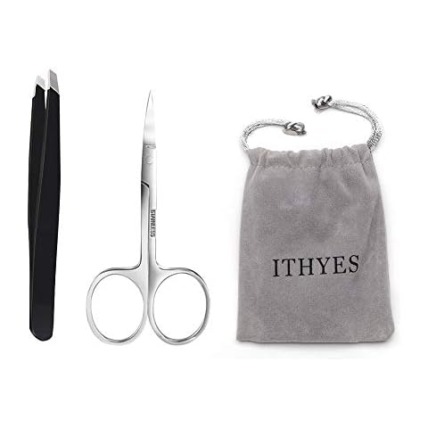 Ithyes Complete Tweezer Set 2 PCS Slant Tip Tweezer Stainless Steel Tweezers Eyebrow Trimmer Scissor for Shape Precision Ingrown Hair Nose Hair Blackhead Tick Remover,Black Cover