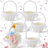 Fiwochic 6 Pack Mini White Wedding Flower Girl Basket, Elegant Satin Handle Flower Baskets with Bowknot and Sequins for Wedding Bridal Party Ceremony Home Decorations, 5'' x 3.6''