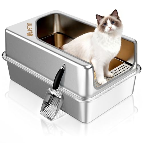 PETNF All Metal Cat Litter Box - All Stainless Steel Litter Box, Odor-Free Large Capacity with Included Litter Scoop, Leak-Proof High-Sided, Easy-to-Maintain for Big Cats & Multi-Cat Homes (1 Pack)