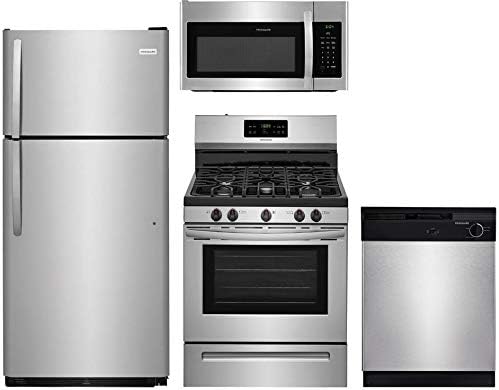 Frigidaire 4-Piece Stainless Steel Package, FFTR1821TS 28" Top Freezer Refrigerator, FFGF3015LM 30" Freestanding Gas Range, FBD2400KS 24" Built In Dishwasher, FFMV1645TS 30" over the Range Microwave
