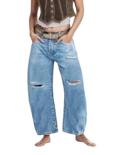 Distressed Jeans for Women Low Rise Baggy Ripped Barrel Boyfriend Denim Pants
