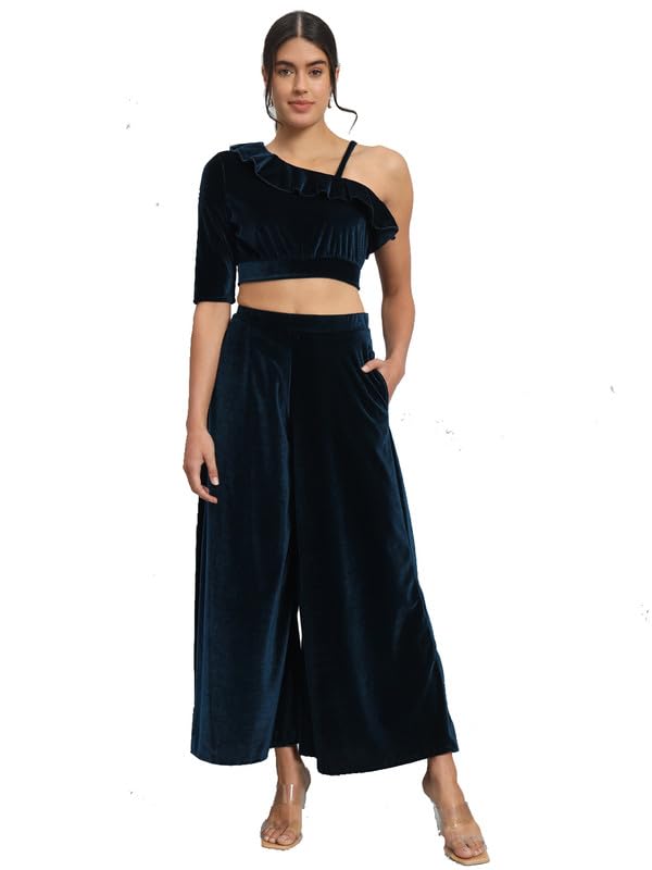 Image of Vaararo Velvet Co-Ords for Women | One Sleeve Crop Top with Palazzo Set Casual Party Dress