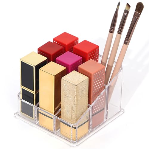 Image of Lipstick Lipgloss Organizer, Clear Acrylic Compact Holder with 9 Slots | Lipstick holder for cosmetic items, fits roller‑ball perfume and essential‑oil bottles, dresser and bathroom countertops