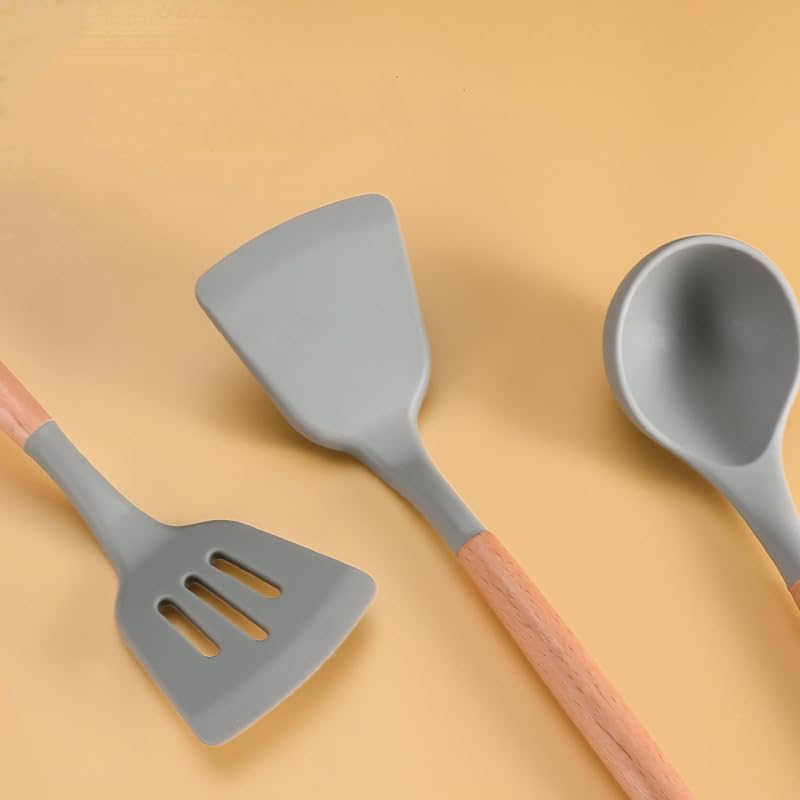Image of Silicone Spatula Set of 3 - Wooden Handle Kitchen Tools (Red, White,Black,Blue, Green) - Heat Resistant, Non-Stick, Cooking & Mixing Spatulas for Non-Stick Pans (Gray)