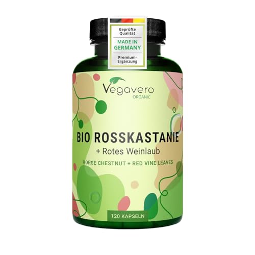 Rosskastanienextrakt Vegavero | 100% Bio | 800 mg Extrakt mit Weinlaub & Acerola Vitamin C | Preis-Leistungssieger 2024* | Aescin & Polyphenole | 120 Venen Kapseln | Vegan & Ohne Zusätze