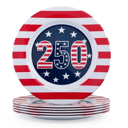 DoDoware 10 Inch Melamine Plates Set of 6，Melamine Dessert Plates Set, Lightweight Round Plates for Kitchen Dining, Party, Indoor Outdoor Use - Patriotic American Flag Dishes Set (July-4)