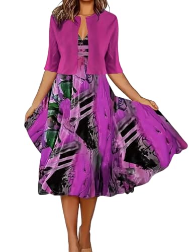 Nupucy Women's Purple Abstract Print Dress Set - Cropped Jacket