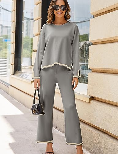 Image of Tanming Women's 2 Piece Outfits Long Sleeve Knit Sweater Top Wide Leg Pants Lounge Sets Tracksuits