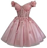 Zhangyo Glitter Tulle Homecoming Dresses for Teens 2025 Sparkly Pink DAMA Dress for Quinceanera Off Shoulder Lace Short Prom Gown Size 0