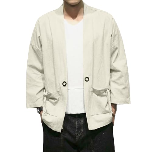 Image of Mens Kimono Cardigan Cotton Linen Japanese Shirt 3 /4 Sleeve Haori Yukata | Skin-Friendly Solid Color Lightweight Shawl Collar Kimono Robe Embroidery Button Tie Pockets Happi Coat All Season Daily Wear