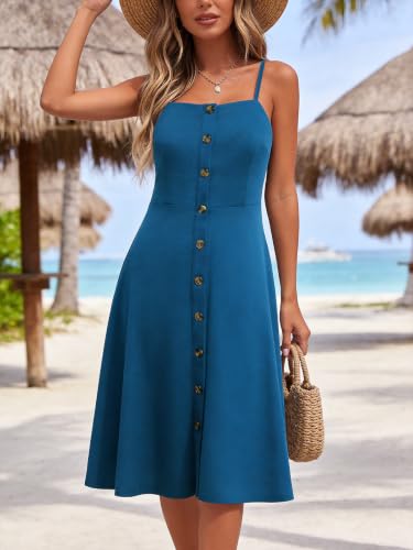 Image of Berydress Women's Casual Beach Summer Dresses 2026 Solid Cotton Flattering A-Line Spaghetti Strap Button Down Midi Sundress