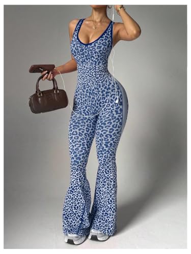 Image of Verdusa Women's Cheetah Print Workout Sets Yoga Jumpsuit Criss Cross Sleeveless Work Out Clothes Flared Pants Jumpsuits