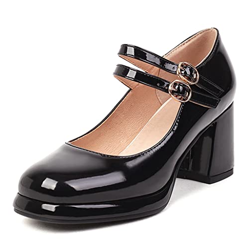 Women's Square Toe Chunky Block High Heels Pump Shoes Ankle Strap Platform Mary Janes Dress Pumps