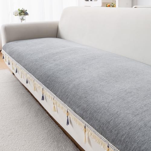 Image of HOKIPO 'Serenity Tassel' Chenille 3 Seater Sofa Cover with Tassel - Glacier Silver (IN-892-LGRY)