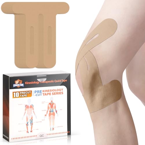 KTQUICK PreCut Kinesiotapes, Kinesiotapes Vorgeschnitten Hautfreundlich mit perfektem Trage-komfort, Wasserfestes & Elastisches Physio Tape für Knie 20 Streifen - Hautfarbe
