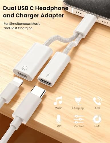 Image of Wefly 2-in-1 USB-C to Light /ning Headphone + USBC Charge Spltter,USB C to Ligh1 /ning Headphone Jack+PD 60W Charging Adapter Connector for 1Phone 15 Pro Max Plus,Pro,Mac /Book (Type C to C /Light /ing)