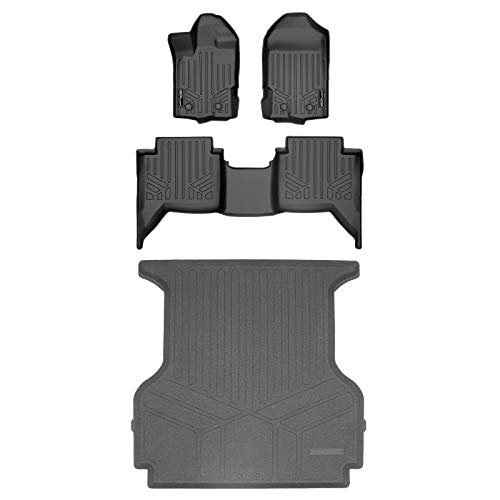SMARTLINER Floor Mats 2 Rows and Truck Bed Liner Set Black Compatible with 2019-2022 Compatible with Ford Ranger SuperCrew Cab