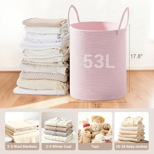 Image of 53L Tall Cotton Rope Laundry Basket with Handles, Pink