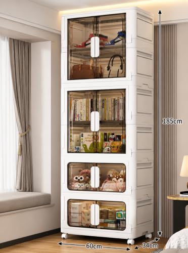 Image of Plastic Wardrobe for Cloths | 4 Layer Stackable Almirah with Hanging Rod, Transparent Doors, Wheels | Foldable Storage Cabinet Organizer for Clothes /Books /Toys (SJM-White, 4-Door)