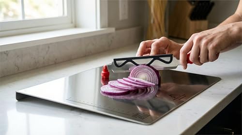 Image of Stainless Steel Chopping Board with Cutter, Multipurpose Slicer & Chopper with Adjustable Cutting Guide, Non-Slip Handle, Heavy Duty Rustproof Kitchen Tool for Fruits, Vegetables, Meat & Fish