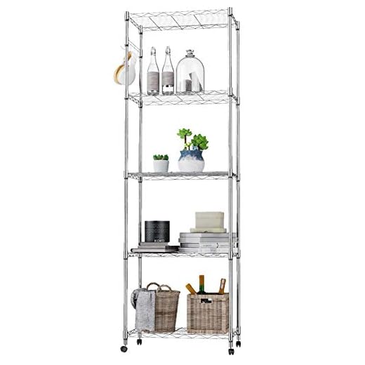 Scaffalatura in Filo su rotelle, Scaffale a 5 Ripiani, Scaffali in Metallo, Portaoggetti in Metallo per Garage, Ufficio, Bagno, Cucina, Regolabile in Altezza, Max Portata 220 kg, 59x 35x183cm