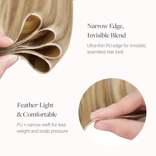 Image of GOO GOO Genius Narrow Edge PU Weft Hair Extensions Human Hair, Invisible Sew in Hair Extensions Human Hair, P16 /22A Light Blonde Highlighted Golden Blonde 18 Inch 100g, Seamless Soft Lightweight