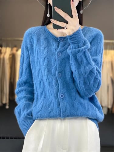 Women 100% Merino Wool Crewneck Cardigans Thick Cable Knit Sweater Coat Button Down Jumper4