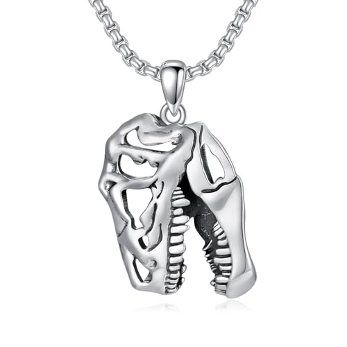 Collier dinosaure homme en argent 925 avec pendentif crâne sculpté