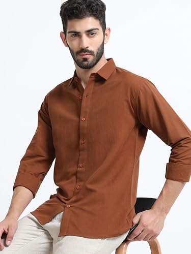 Image of Men's Solid Casual Shirt, Cotton Blend, Regular Fit, Spread Collar, Full Sleeve, Button Closure Perfect for Casual & Office Wear