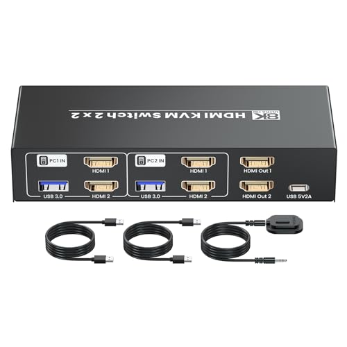 8K60Hz 4K120Hz HDMI KVM Switch 2 Monitore 2 Computer, USB 3.0 Dual-Monitor HDMI KVM Switch f&uuml;r 2 PCs zur Gemeinsamen Nutzung von Tastatur, Maus und 2 Monitoren