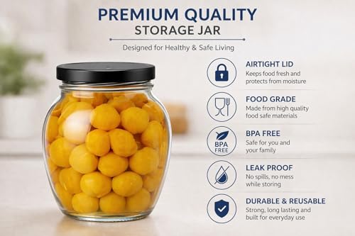 Image of Glass Kitchen Storage Jar Set of 6 (400 ml Each) with Airtight Metal Lid | Kitchen Containers for Spices, Dry Fruits, Pickle & Snacks | Clear Durable Food Grade Glass Jars