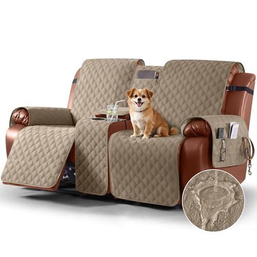 Image of Ruaozz Waterproof Recliner Loveseat Cover with Console, Non-Slip Couch Cover Pet Cover for Double Recliner Split Sofa Cover with Elastic Straps for Kids, Dogs, Pets (Pale Beown, 2 Seater)