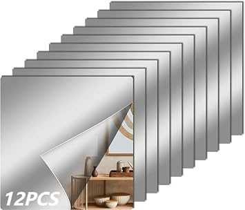 12 Pcs Flexible Mirror Sheets Stickers, Non Glass Safety Reflective Mirror, 12 x 12 in Self Adhesive Square Cuttable Mirror Wall Stickers for DIY Craft Home Wall Decoration