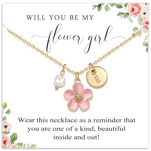 Flower Girl Proposal Gifts, Personalized Initial A-Z Letter Daisy Flowers Necklace Wedding Bridal Party Favors for Flower Girl