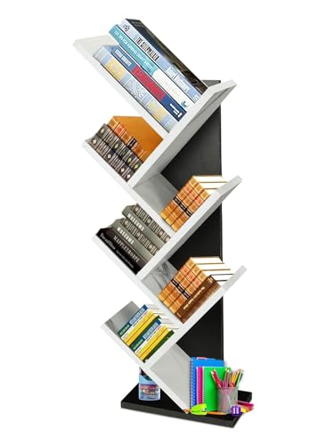 Image of SBF Furniture Modern Tree Shape Wood Bookcase, 7-Tier Book Rack, Storage Rack Shelves in Living Room, Free-Standing Books Holder Organizer, Space Saver for Home, Office, Set of 1 (DIY) (Black &White)